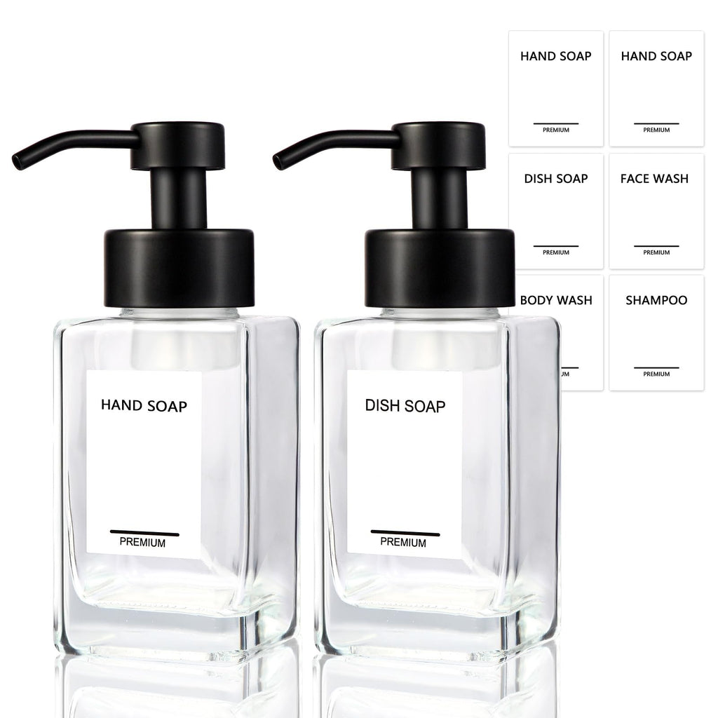 PLOUTA HOME Foaming Soap Dispenser 2 Pack, 12oz/350ml Glass Foaming Hand Soap Dispenser Set with Stainless Steel Pump, Square Refillable Foam Pump Bottles for Bathroom&Kitchen,Includes 6 Labels