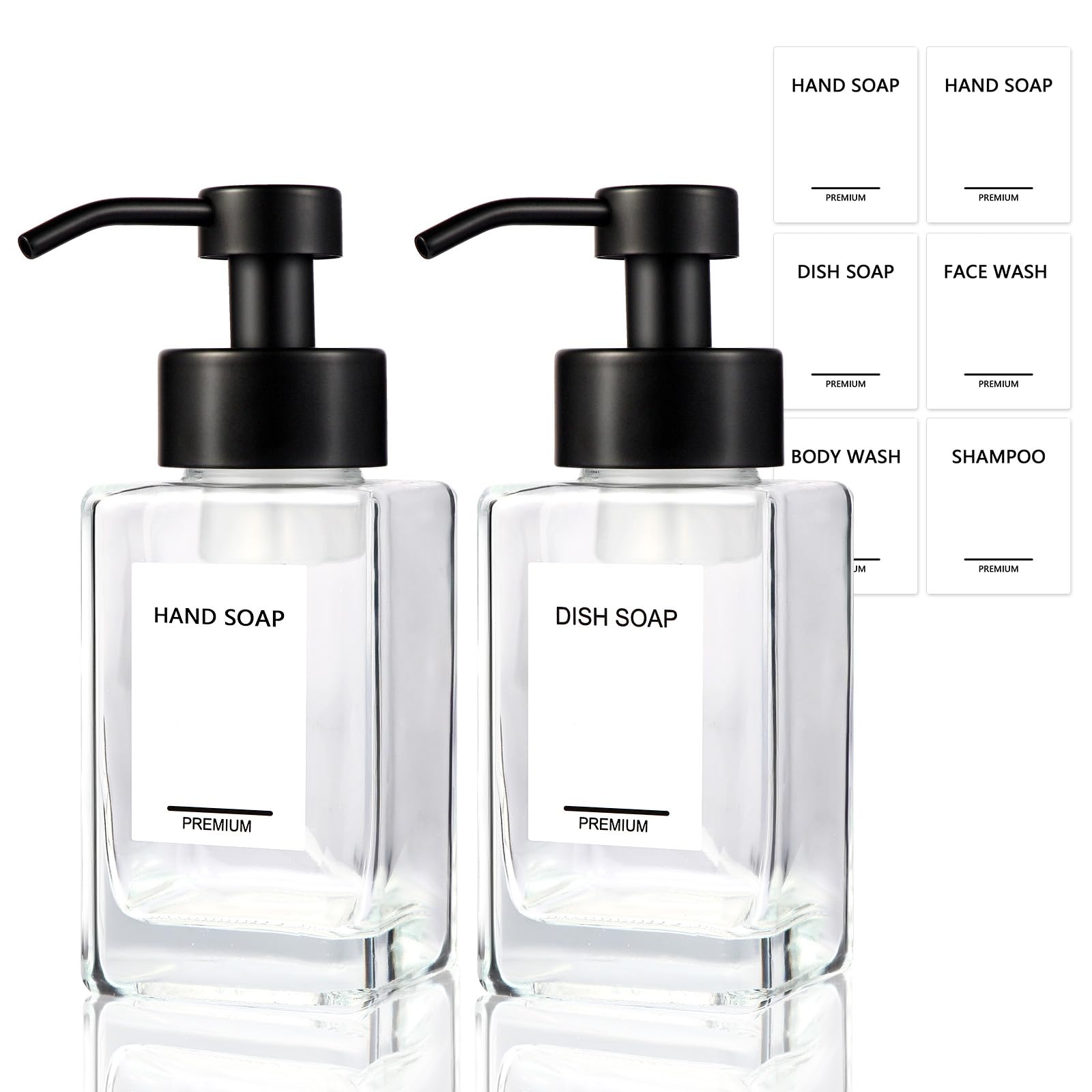 PLOUTA HOME Foaming Soap Dispenser 2 Pack, 12oz/350ml Glass Foaming Hand Soap Dispenser Set with Stainless Steel Pump, Square Refillable Foam Pump Bottles for Bathroom&Kitchen,Includes 6 Labels