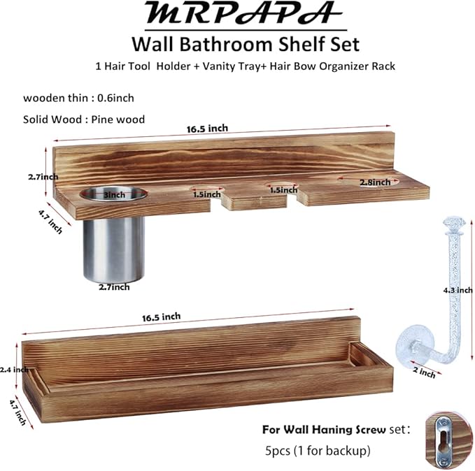 MRPAPA Hair Tool Organizer Wall Mount,2 Layer Rustic Blow Dryer Holder, Wooden Bathroom Organizer Storage Shelf for Hair Tools, Curling Iron, Hot Tools