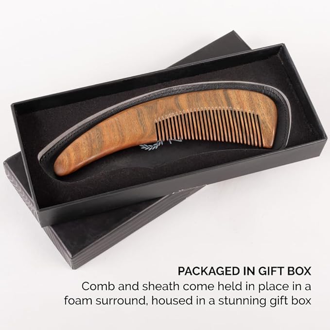 ZEUS Curved Sandalwood Beard Comb for Men in Gift Box with Sheath (M31)