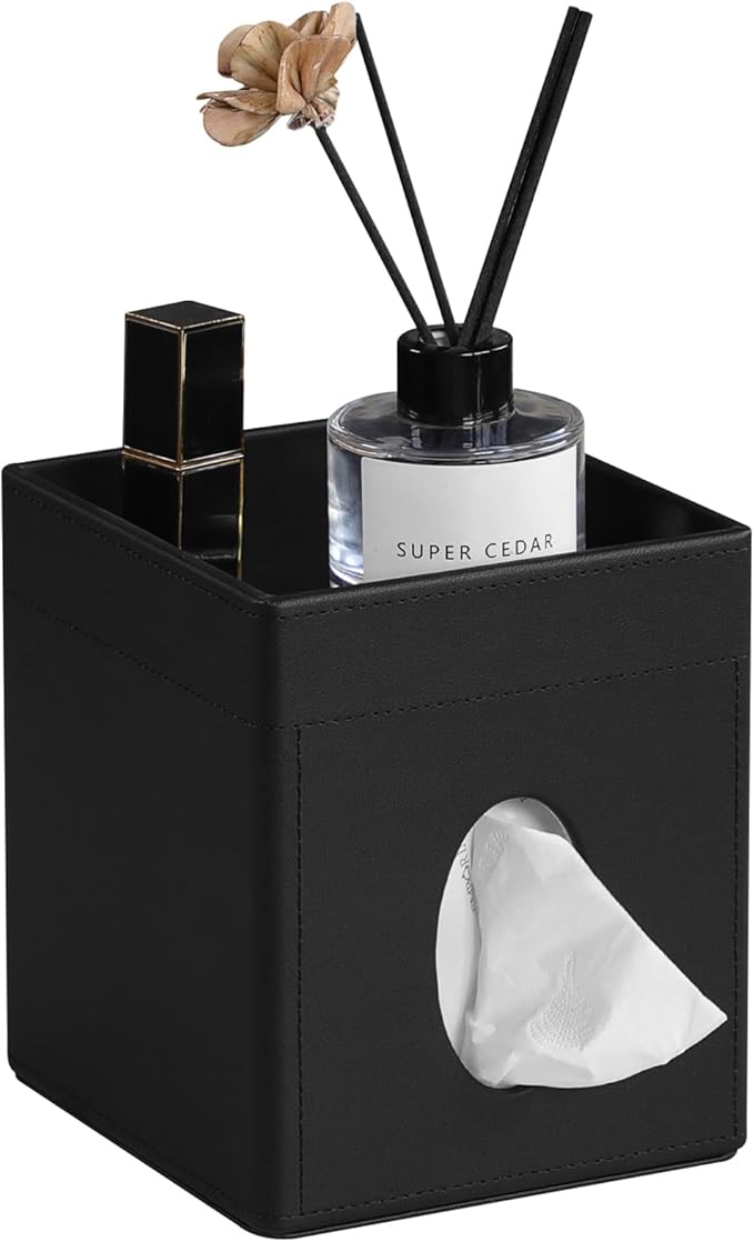 Cretkhp Tissue Box Cover, PU Leather Square Tissue Box Holder with Storage Tray for Bathroom Vanity Countertop Night Stands Bedroom Office Desk, Stylish Tissue Holder Decorative Organizer (Black)