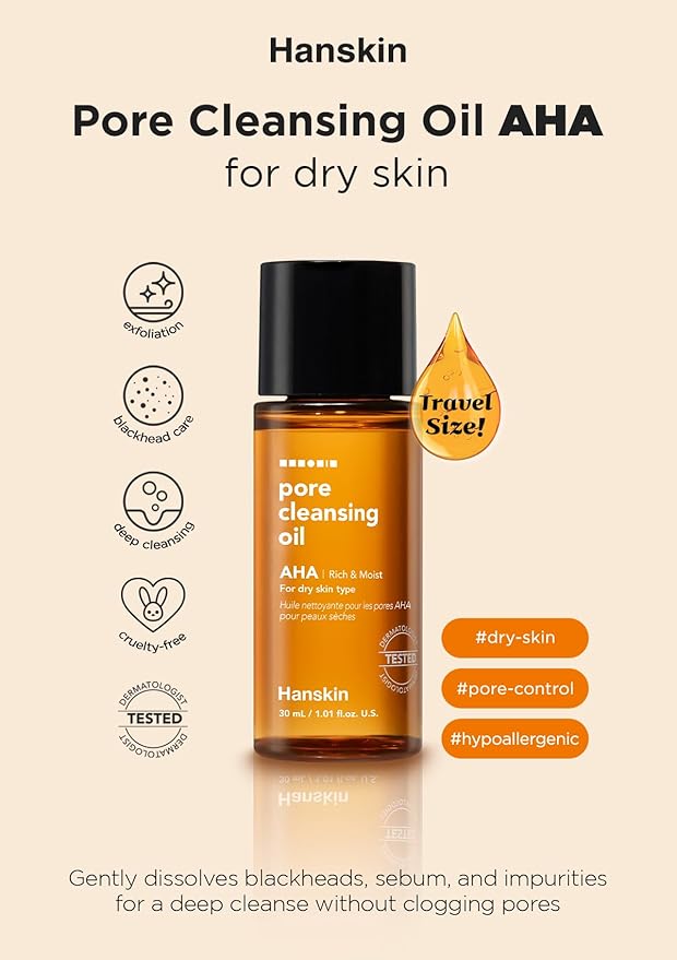 Hanskin AHA Pore Cleansing Oil for Dry Skin, Sample Trial Mini Size, Exfoliating Makeup Remover Facial Cleanser Set, Moisturizing, Korean Skincare [30 ml/Pack of 3]