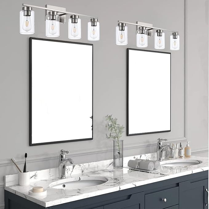 A1A9 4 Light Bathroom Vanity Light Fixtures, Brush Nickel Modern Wall Lights with Clear Glass Shade, Vintage Wall Sconce Lighting for Living Room, Mirror, Bedroom, Hallway (Nickel, 4-Lights)