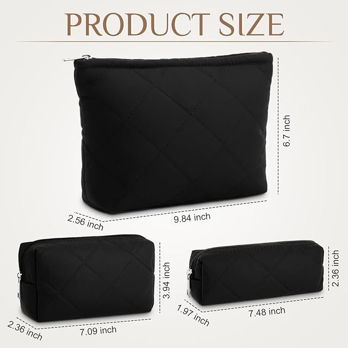 Paterr 3 Pcs Quilted Makeup Bag Set Back to School Favor Small Bridesmaid Cosmetic Bag Aesthetic Travel Pouch Cute Purse Pencil Case Makeup Storage Organizer for Women Birthday Gift(Cotton,Black)