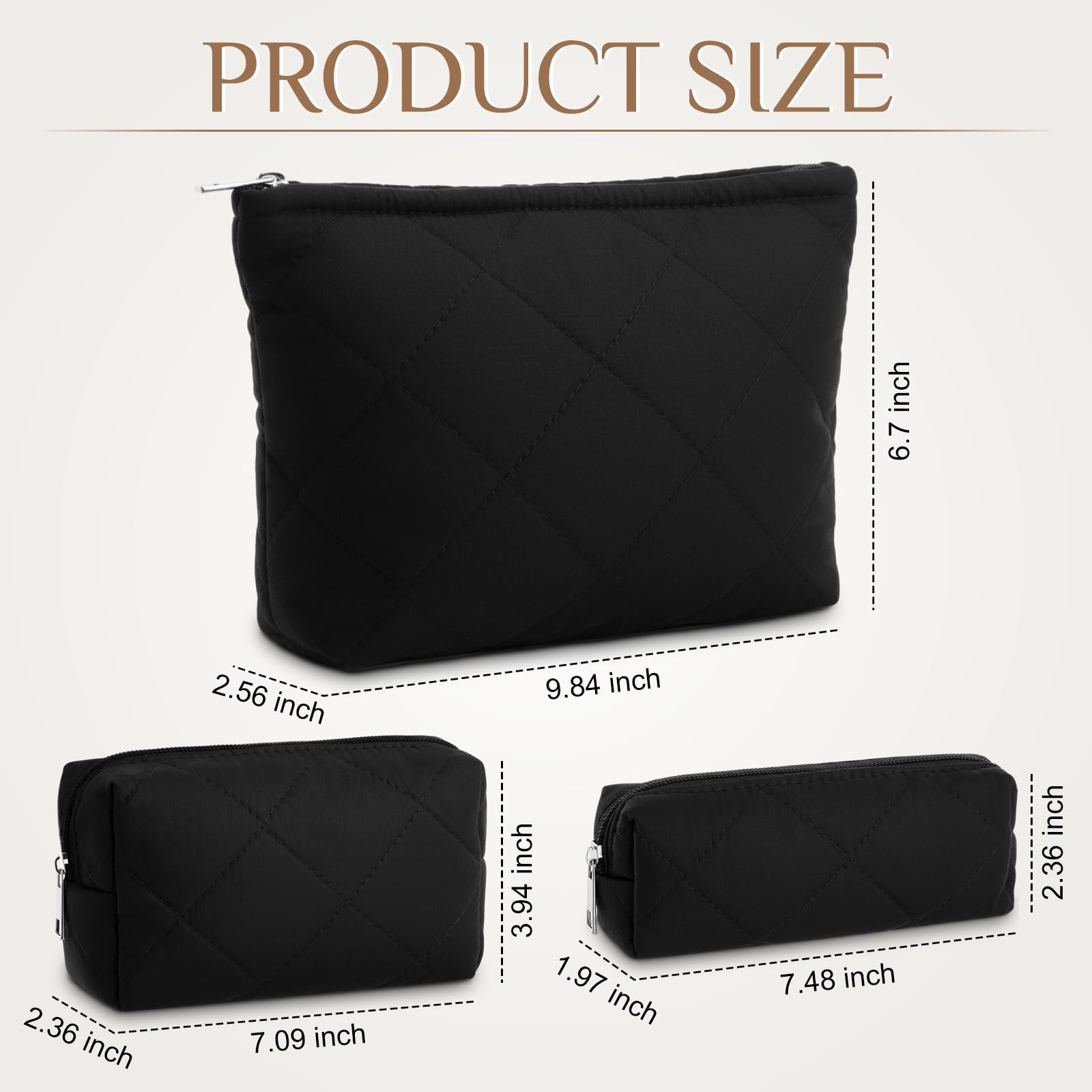 Paterr 3 Pcs Quilted Makeup Bag Set Back to School Favor Small Bridesmaid Cosmetic Bag Aesthetic Travel Pouch Cute Purse Pencil Case Makeup Storage Organizer for Women Birthday Gift(Cotton,Black)