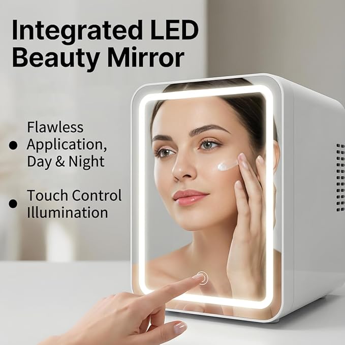 Lispin Mini Fridge for Bedroom, 4L Skincare Fridge with Dimmable LED Light Mirror for Dorm & Office, Portable Cooler & Warmer Small Compact Refrigerator for Skincare, Makeup and Cosmetics