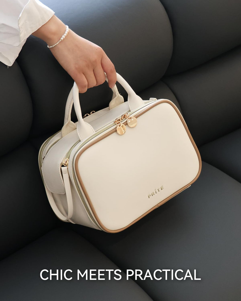 Prite Large Makeup Bag, Waterproof Travel Cosmetic Case with Brush Holder