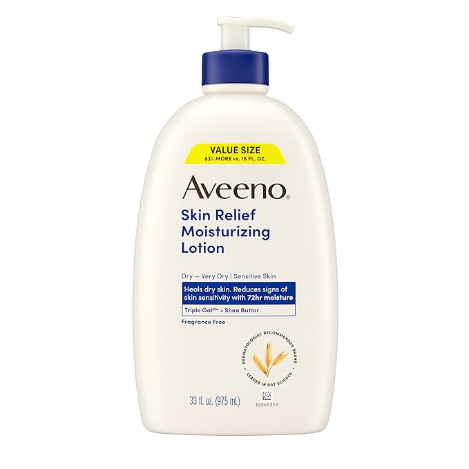 Aveeno Skin Relief Moisturizing Body Lotion Heals Very Dry, Sensitive Skin, Fast-Absorbing Lotion with Soothing Triple Oat & Shea Butter Formula, Fragrance Free Lotion, Non-Comedogenic, 33 Fl Oz