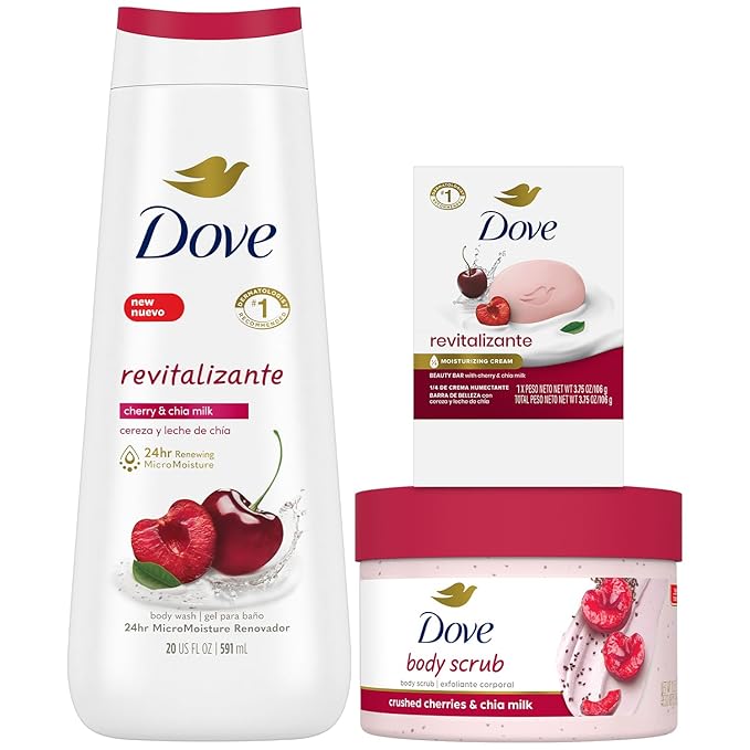 Dove Revitalizing Cherry Collection Gift Set – Fruit and Chia Milk Body Wash, Exfoliating Body Polish + Soap Bar (3 Piece Set)