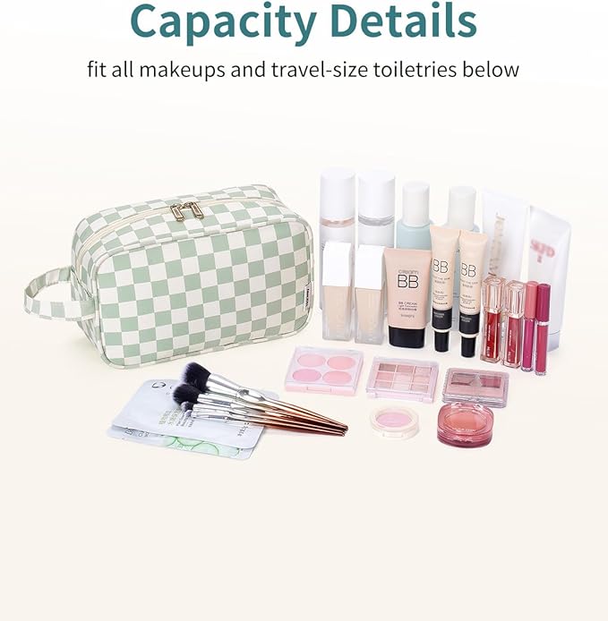 Narwey Travel Toiletry Bag for Women Traveling Dopp Kit Travel Bag for Toiletries Cosmetic Bag Makeup Bag Medicine Bag for Traveling (Mint Green Checkerboard)