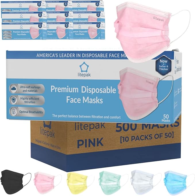 Litepak 500pcs Premium Disposable Face Mask SOFT 3ply Nose Wire - Pink