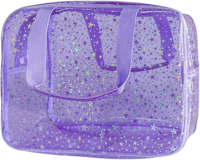 TotePrint 12”X5“X8” Portable 8L Purple Clear Makeup Bag Twinkle Star Toiletry Bag Waterproof Cosmetic Bag With Zipper & Handle for Concert Sports Events Travel Commuting Beach Essential