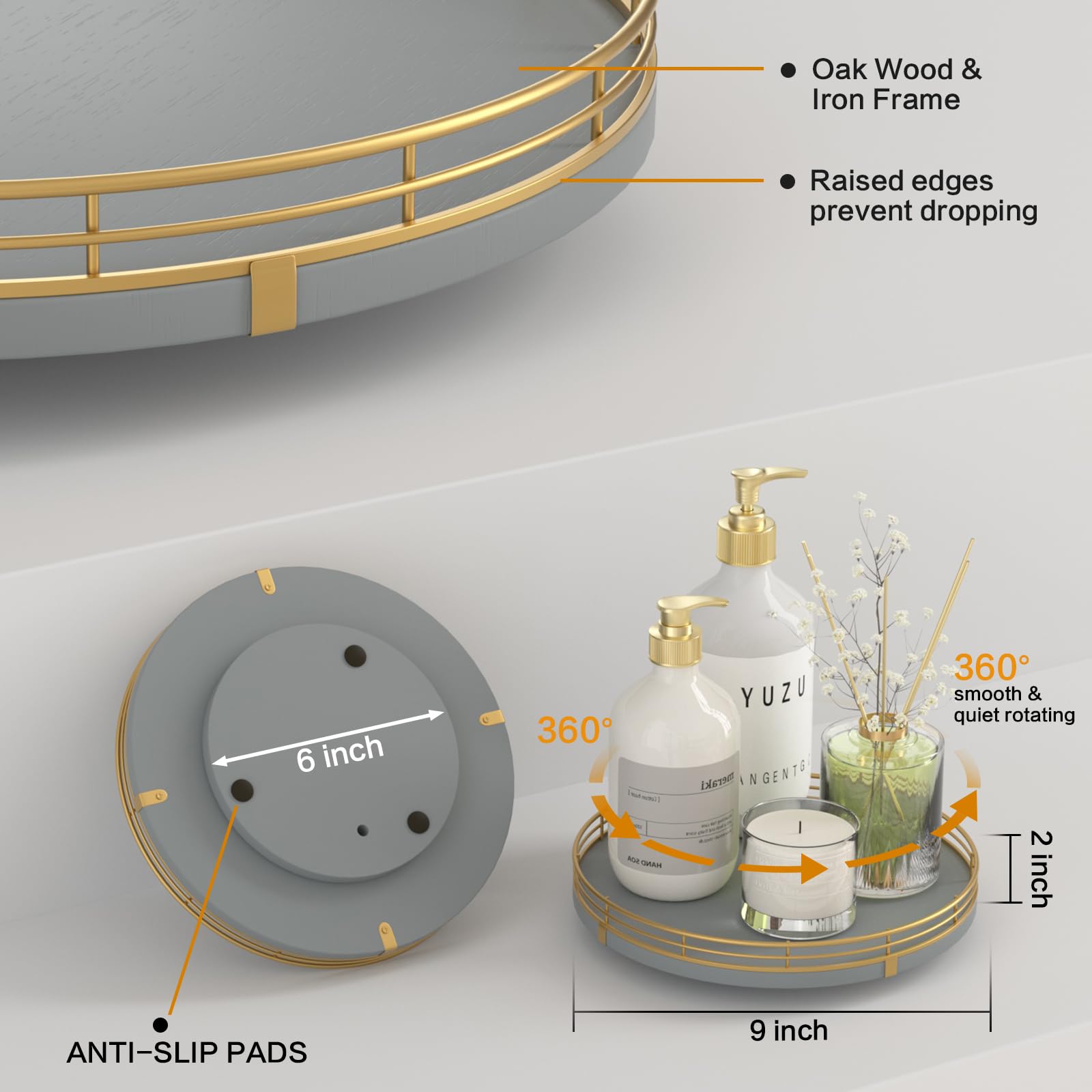 Oroyutor 9-Inch Gray Lazy Susan Spice Organizer for Cabinet with Gold Rail