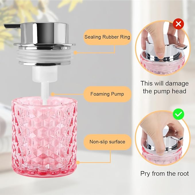 Fvstar 10 Oz Glass Hand Soap Dispenser with Pump, Refillable Bathroom Gold Foaming Soap Dispenser, Vintage Glass Diamond Lotion Container Bottle for Bathroom and Kitchen (1, Pink and Silver)