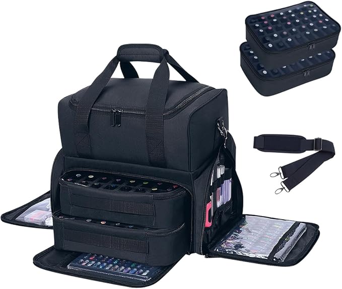 Nail Polish Organizer Case Holds 80 Bottles (15ml - 0.5 fl.oz) and a Nail Lamp,Nail Polish Case with 2 Removable Bags and Tools Storage Sections Black