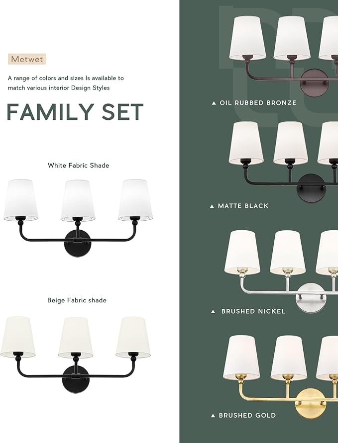 Bathroom Light Fixtures, 3-Light Matte Black Vanity Lights with Flared Beige Fabric Shade, Vintage Sconces Wall Lighting for Hallway Bedroom, VL837-MB-B-3