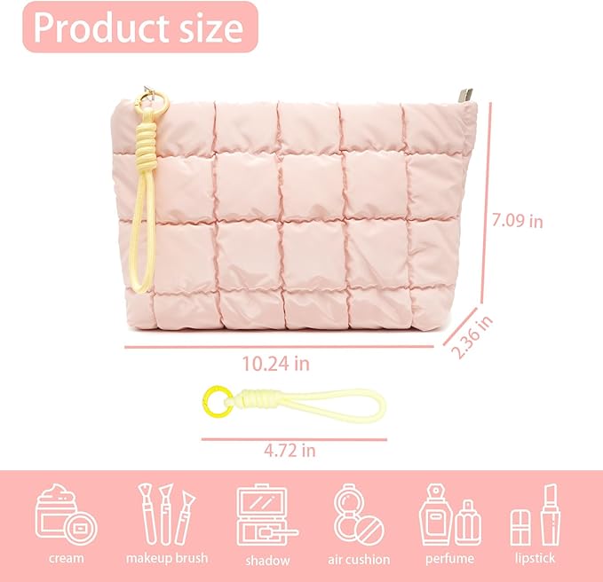 Beayuva Puffer Quilted Makeup Bag Travel Cosmetic Bag Portable Puffy Checkered Toiletry Pouch Skincare Organizer Purse Pencil Case (Pink)