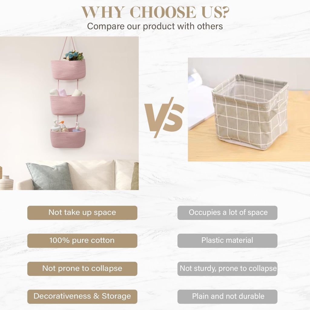TeoKJ Over the Door Hanging Basket, 3-Tier Woven Cotton Wall-Mounted Storage Organizer Bag Decorative Hanging Nursery Baskets, Pink