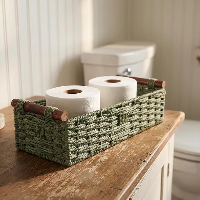 Back of Toilet Basket, Green Wicker Toilet Tank Basket for Toilet Paper Storage, Basket for Toilet Tank Top, Fresh Bathroom Organizer for Wipes & Essentials