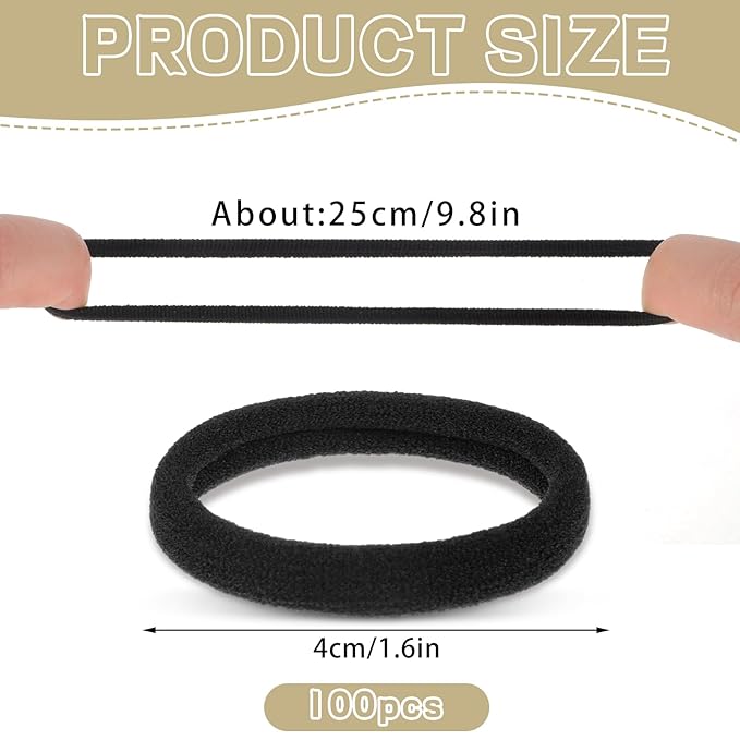 obeoby 100PCS Hair Ties for Thick Hair, Seamless Nylon Elastic Ponytail Holders, Bulk Black Hair Bands & Elastics for Women Girls