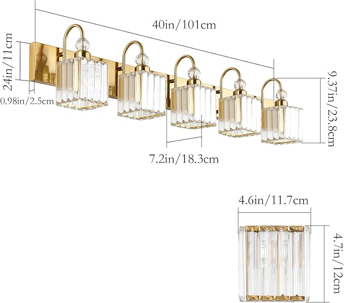Ralbay Gold Crystal 5-Light Bathroom Vanity Lights Over Mirror Modern Crystal Gold Bathroom Vanity Lighting