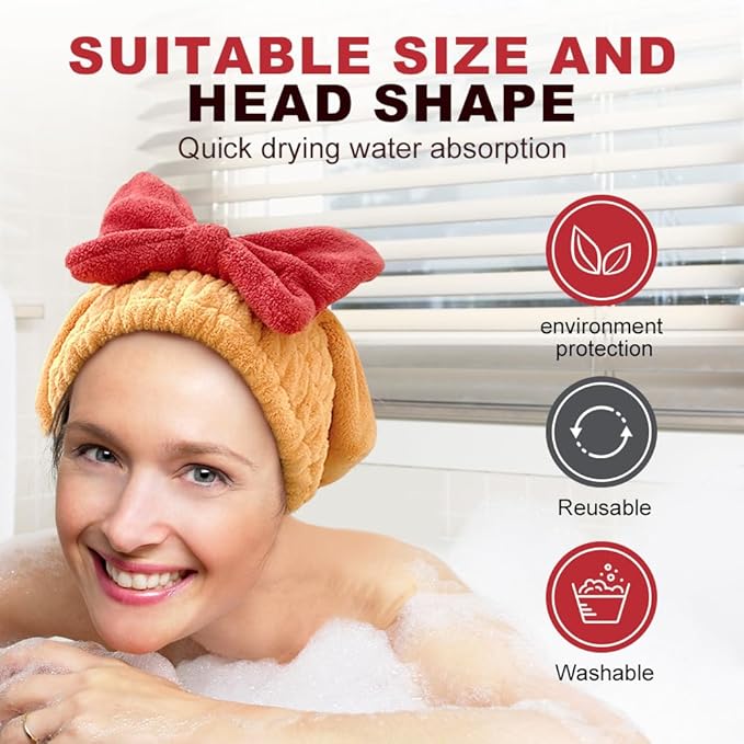 2PCS Microfiber Hair Drying Caps, Christmas Absorbent Hair Towel Wrap for Women Wet Hair Quick-Drying Hair Towels, Soft Bow Tie Wet Hair Towel Wrap for Party Favors Goody Bag Filler (Red+Yellow)