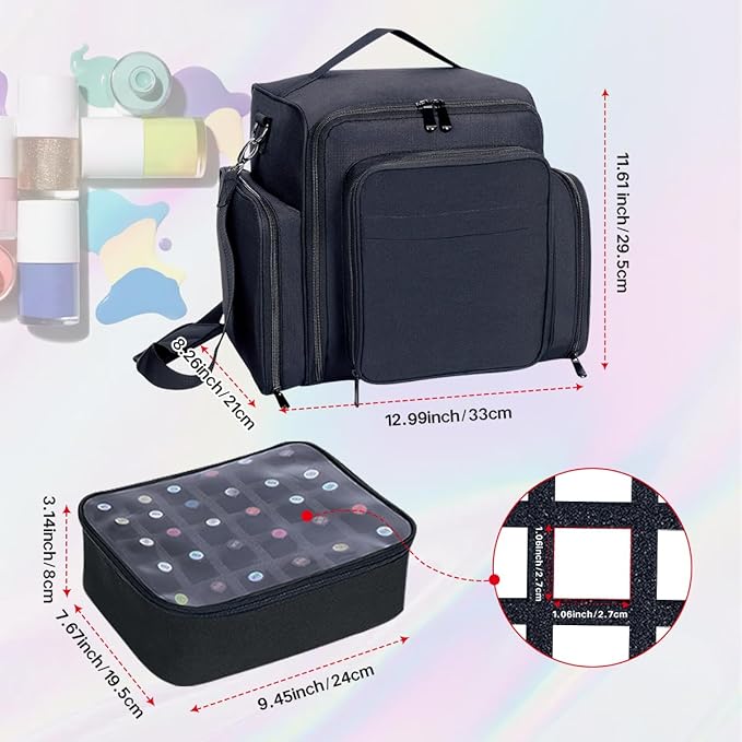 YAHOURWAT Nail Polish Organizer Holds 60 Bottles and a Nail Lamp,Portable Travel Case with 2 Removable Bags and Tools Storage Pockets Black