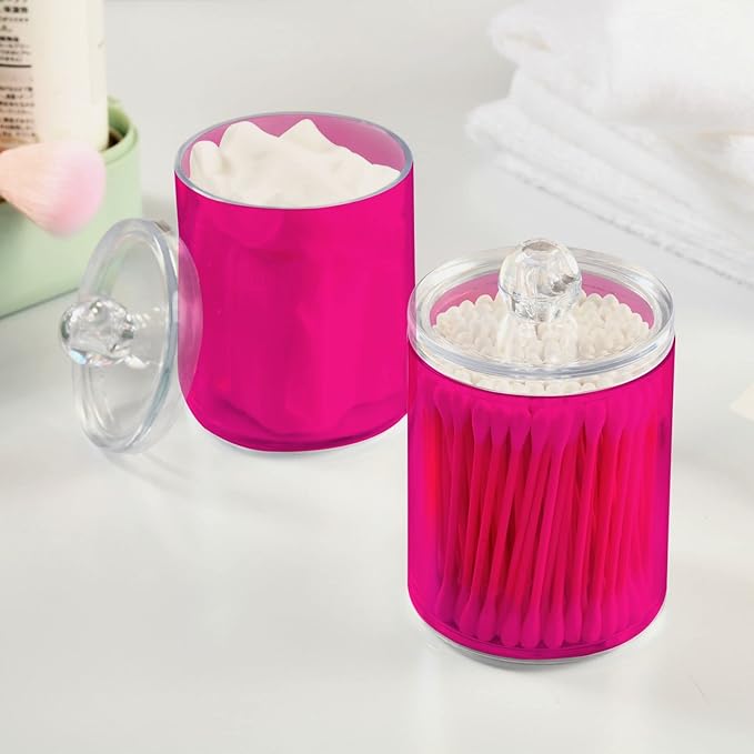 Deep Pink Qtip Holder Organizer Dispenser Cotton Swabs Cans Plastic Jars with Lid Set 4 Pack Bathroom Storage Canister for Cotton Ball Floss Cotton Pads