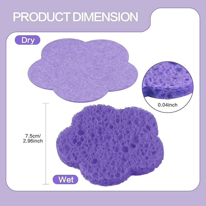 Spunspon 50-Count Facial Sponges, Natural, Modern Flower Shape, Purple, Reusable, Exfoliating, Cleansing, Makeup Gift