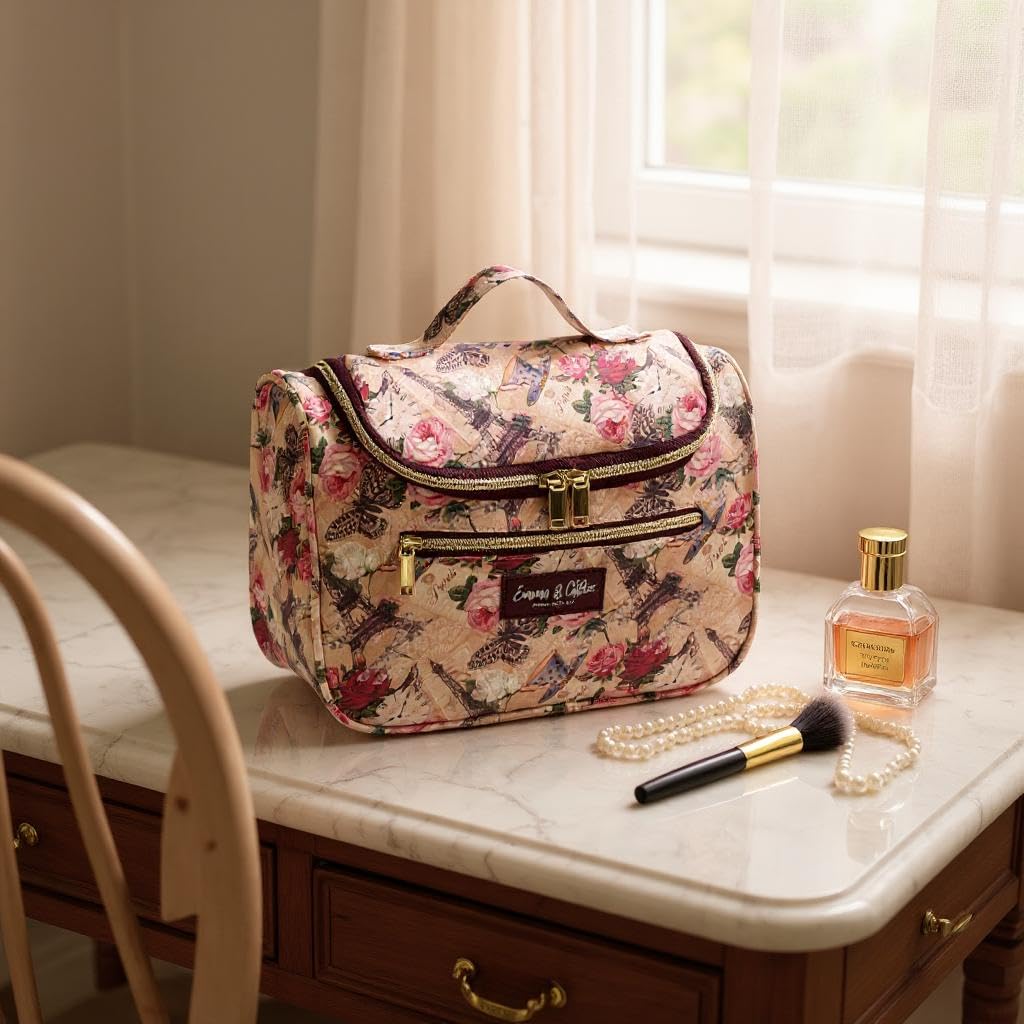 Emma & Chloe Large Cosmetic Case Makeup Organizer, Toiletry Bag for Women | 4 Section Waterproof Travel Make Up Organizing Bags (Pretty in Paris)