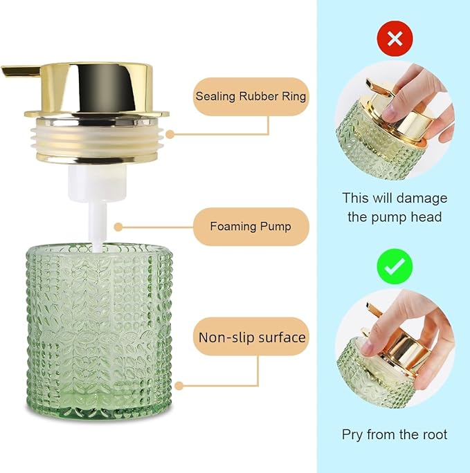 Fvstar Foaming Soap Dispenser, 10 Oz Glass Foam Hand Soap Dispenser with Gold Pump, Refillable Bathroom Lotion Container Pump Bottle with Vintage Pattern, Green