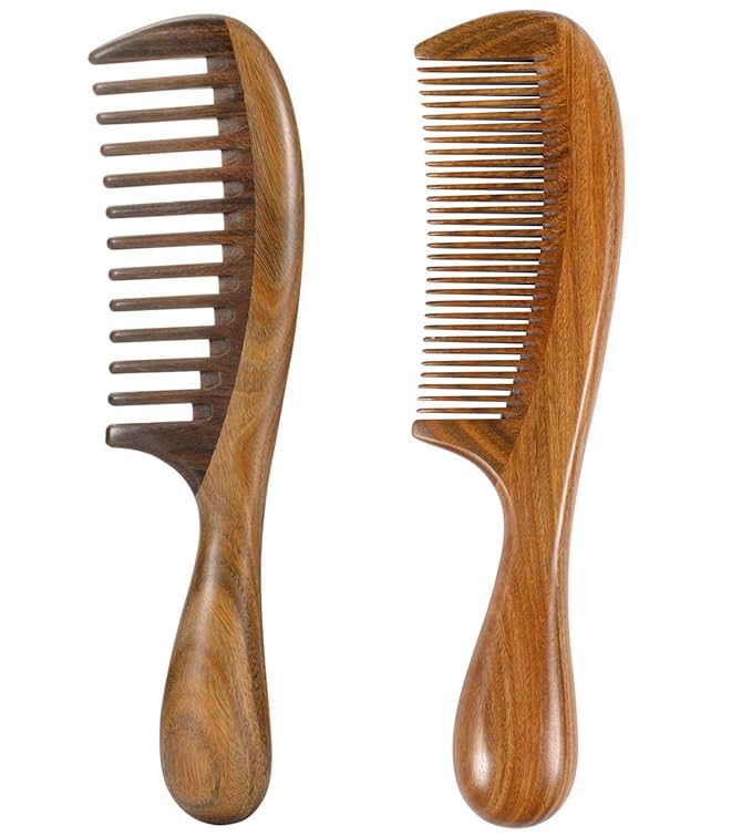 Louise Maelys 2 Pack Wooden Hair Combs, Wide and Fine Tooth Wooden Comb