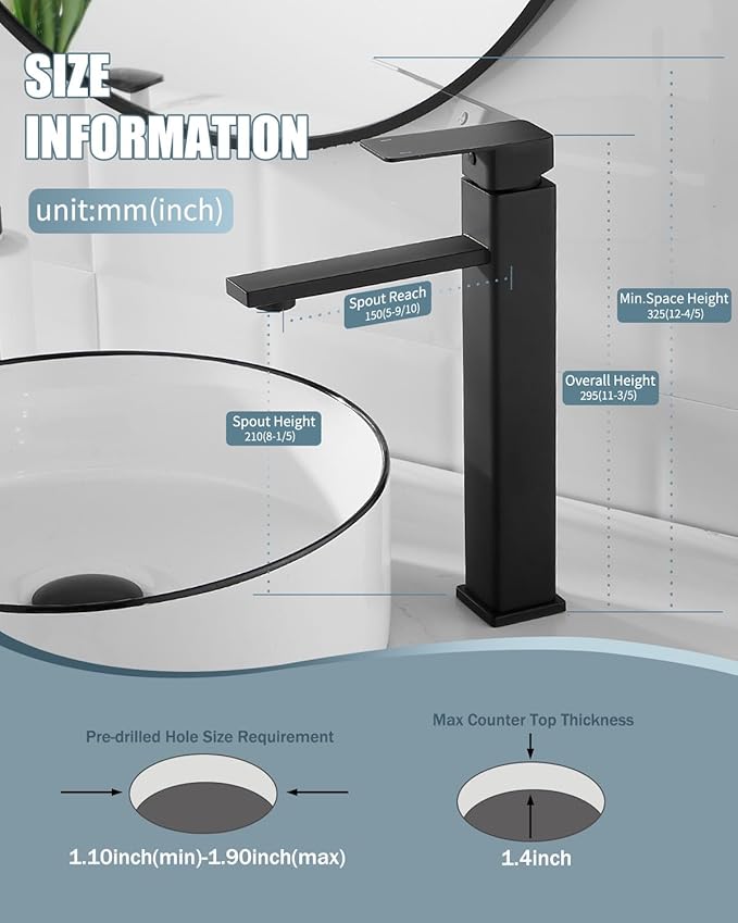 Bathroom Faucets, Matte Black Bathroom Faucet with Pop-up Drain and 2 Supply Hoses, Single Hole High Barrel Vanity Faucet for Vessel Sink, Single Handle Stainless Steel RV Faucet