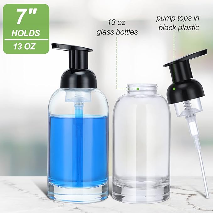 Eccliy 4 Pack 13 oz Foaming Hand Soap Dispenser Clear Glass Jar Soap Dispenser with Foaming Pump, Clear Thick Hand Liquid Dish Pump Round Bottles for Bath Home Kitchen Oil Lotion