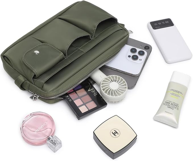 Storage Bag-arge Cosmetic Bag for Women Travel Makeup Bag Zip Up Bag Pure Cotton Canvas Can be Suspended (Army Green)