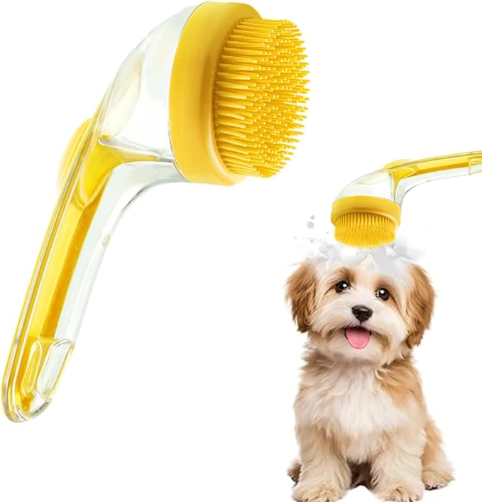 Dog Bath Brush, 2 in 1 Pet Grooming Bath Massage Brush with Soap and Shampoo Dispenser Soft Silicone Bristle Dog Scrubber for Long Short Haired Dogs Cats Shower(Yellow)