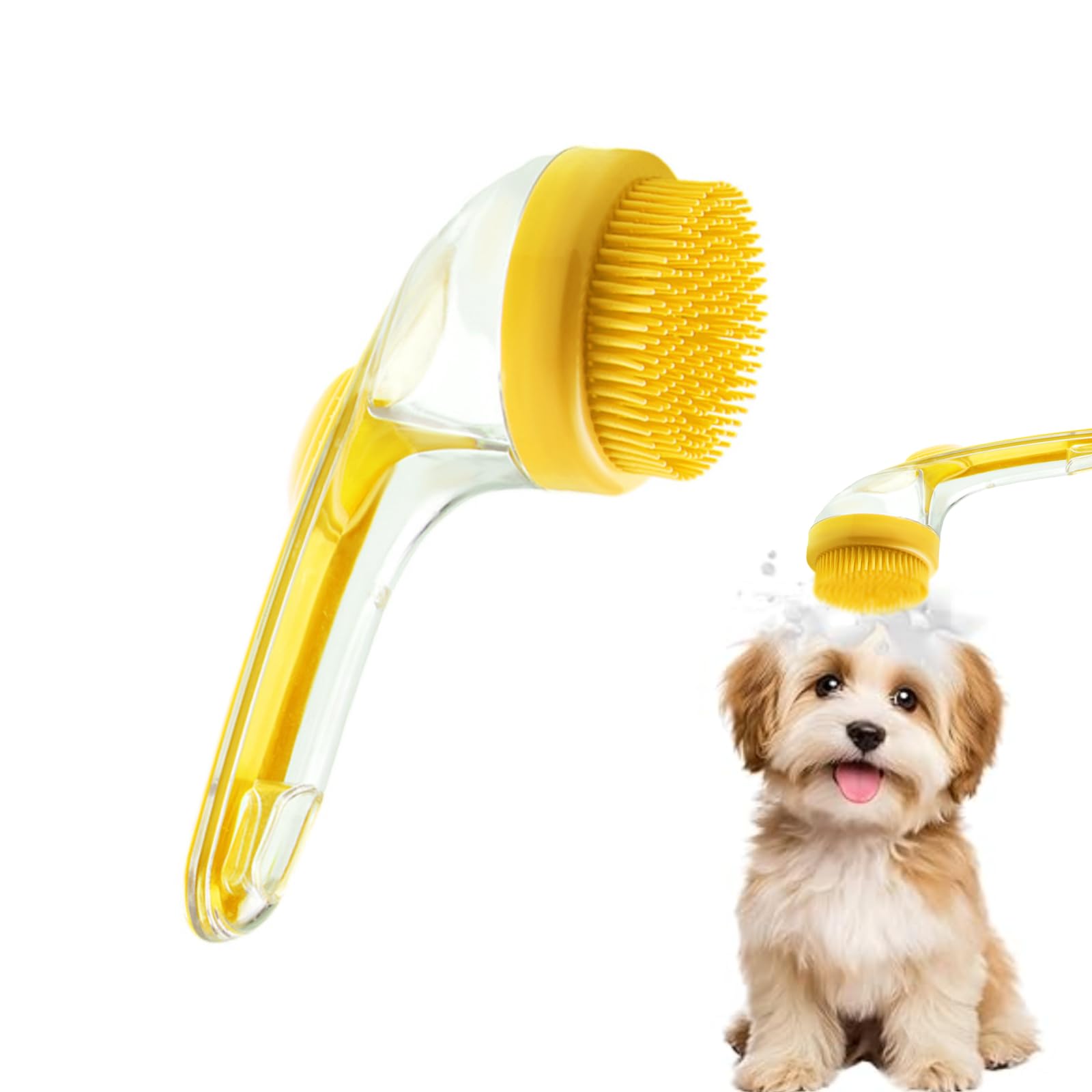 Dog Bath Brush, 2 in 1 Pet Grooming Bath Massage Brush with Soap and Shampoo Dispenser Soft Silicone Bristle Dog Scrubber for Long Short Haired Dogs Cats Shower(Yellow)