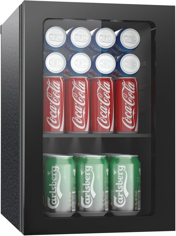 0.9 Cubic Feet Mini Fridge, 24 Can Freestanding Beverage Refrigerator with Acrylic Front Door for Soda Beer, Under Counter Small Refrigerator with Adjustable Shelves for Home Bar Office(Black)