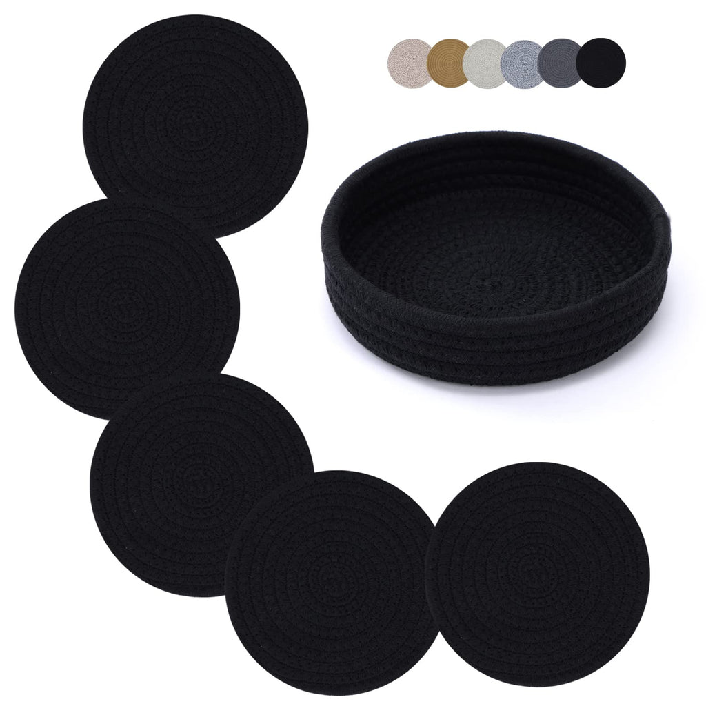 Coga Trivets for Hot Dishes, 5 Pack 7 Inch Cotton Hot Pads for Kitchen with Storage Basket, Round Pot Holders for Kitchen, Heat Resistant Mats for Countertop, Pots and Pans, Farmhouse Decor, Black