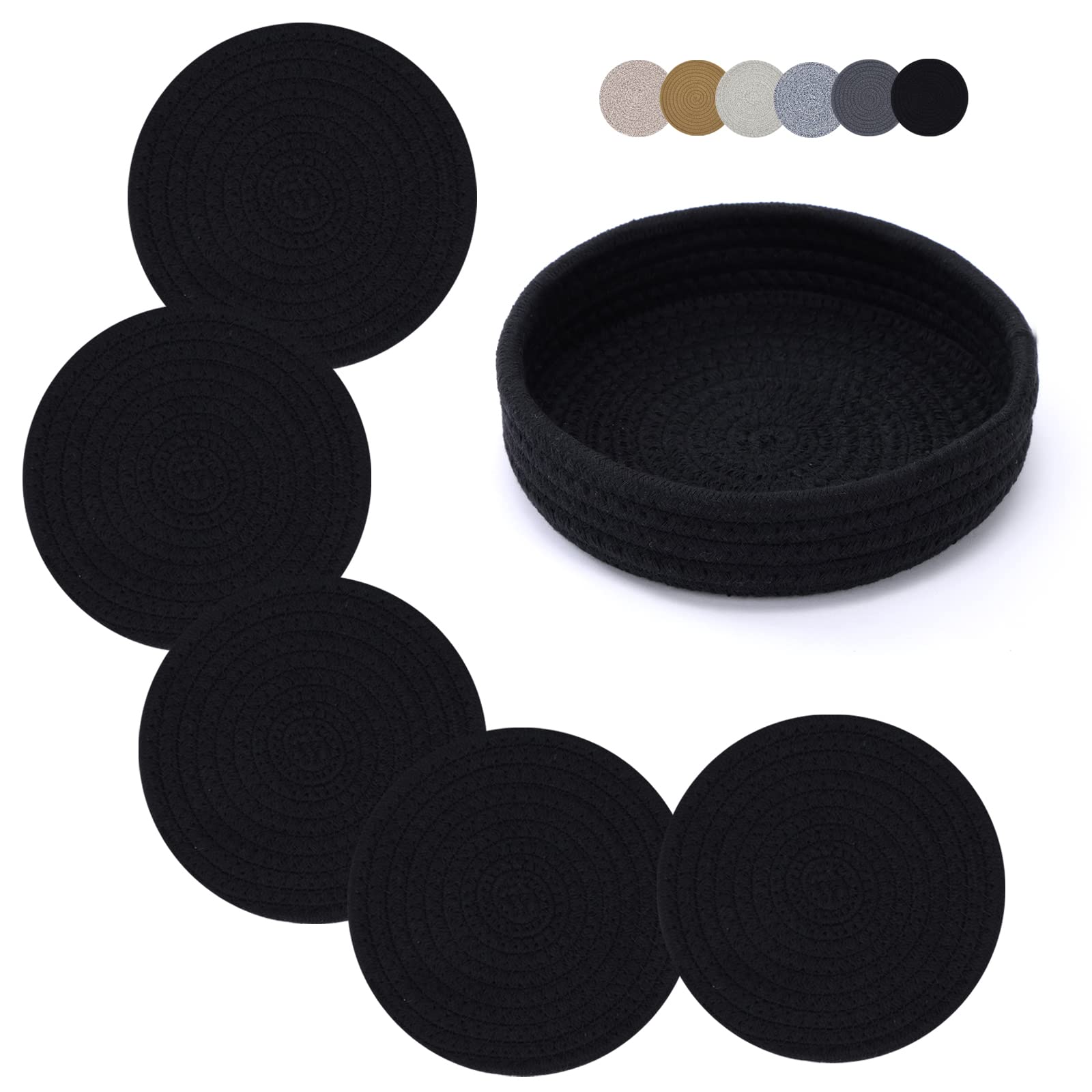 Coga Trivets for Hot Dishes, 5 Pack 7 Inch Cotton Hot Pads for Kitchen with Storage Basket, Round Pot Holders for Kitchen, Heat Resistant Mats for Countertop, Pots and Pans, Farmhouse Decor, Black