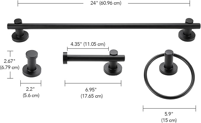 Globe Electric 51710 5-Piece Bathroom Accessory Set with 24-inch 3-Light Vanity Fixture, Matte Black Finish, Industrial Design, E26 Base, Towel Bar, Towel Ring, Robe Hook, Toilet Paper Holder