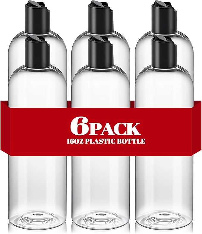 DPLASKA 6 Pcs 16 oz Clear Plastic Empty Bottles with Black Disc Top Caps, Squeezable Refillable Shampoo Bottles Travel Cosmetic Containers for Lotions, Body Soap Cream