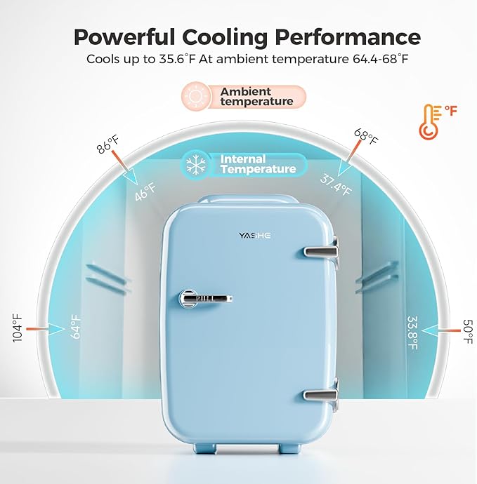 YASHE Mini Fridge, 4 Liter/6 Can Mini Makeup Fridge, 110V AC/ 12V DC Portable Thermoelectric Cooler&Warmer for Skincare, Drink, Cosmetic, Medicine, Small fridge for Bedroom, Office, Dorm, Car, Blue