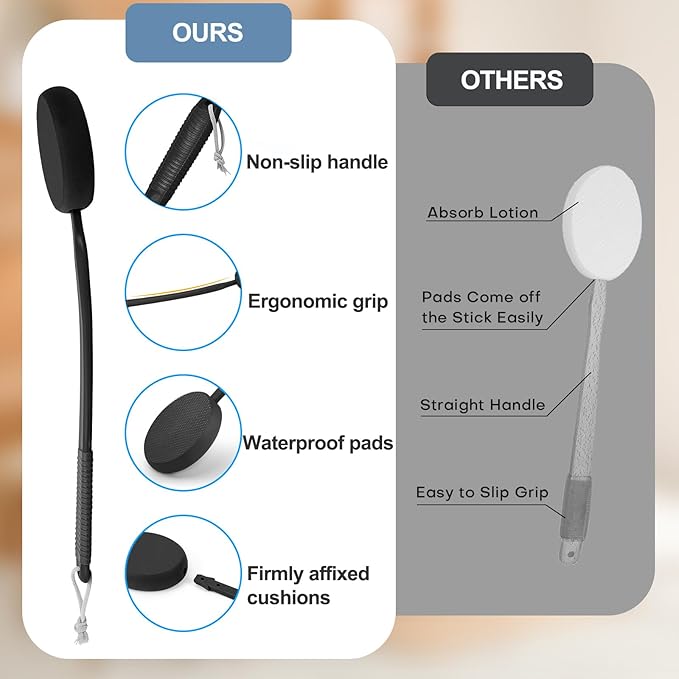 Lotion Applicator for Back, Feet & Legs, Long Plastic Handle Moisturizer Cream, Self Tanning, Sunscreen, Ointment, Medicine Back Applicator for Elderly Men or Women with 4 Washable Pads (Dark)