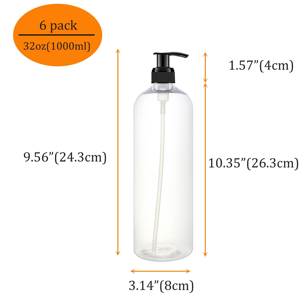 BPFY 6 Pack 32 oz Shampoo and Conditioner Dispenser Bottles with Pump for Conditioner, Soap, Lotions, 32 oz Empty Plastic Pump Bottle Dispenser with Labels Funnel, Chalk,Pen