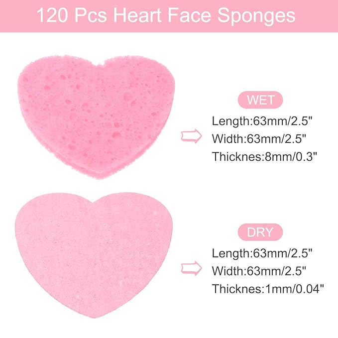 uxcell 120 Count Compressed Facial Sponges Heart-Shaped Face Cleansing Sponges Pads for Daily Skincare Routines at Home, Kitchen, Travel, Pink