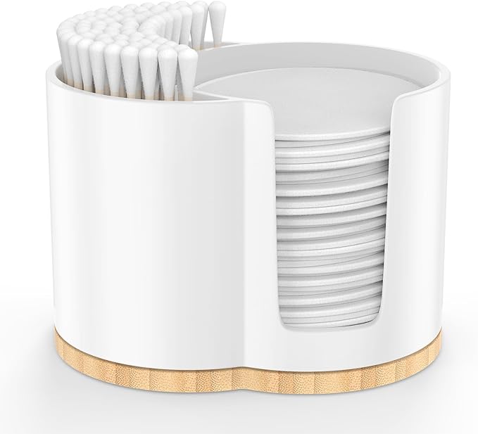 PENGARO Cotton Pad and Swab Holder, Q tip Holder Round Cotton Pad Dispenser Plastic Cotton Swabs Dispenser, Bathroom Accessories Storage Organizer for Cotton Pads Floss Picks, White