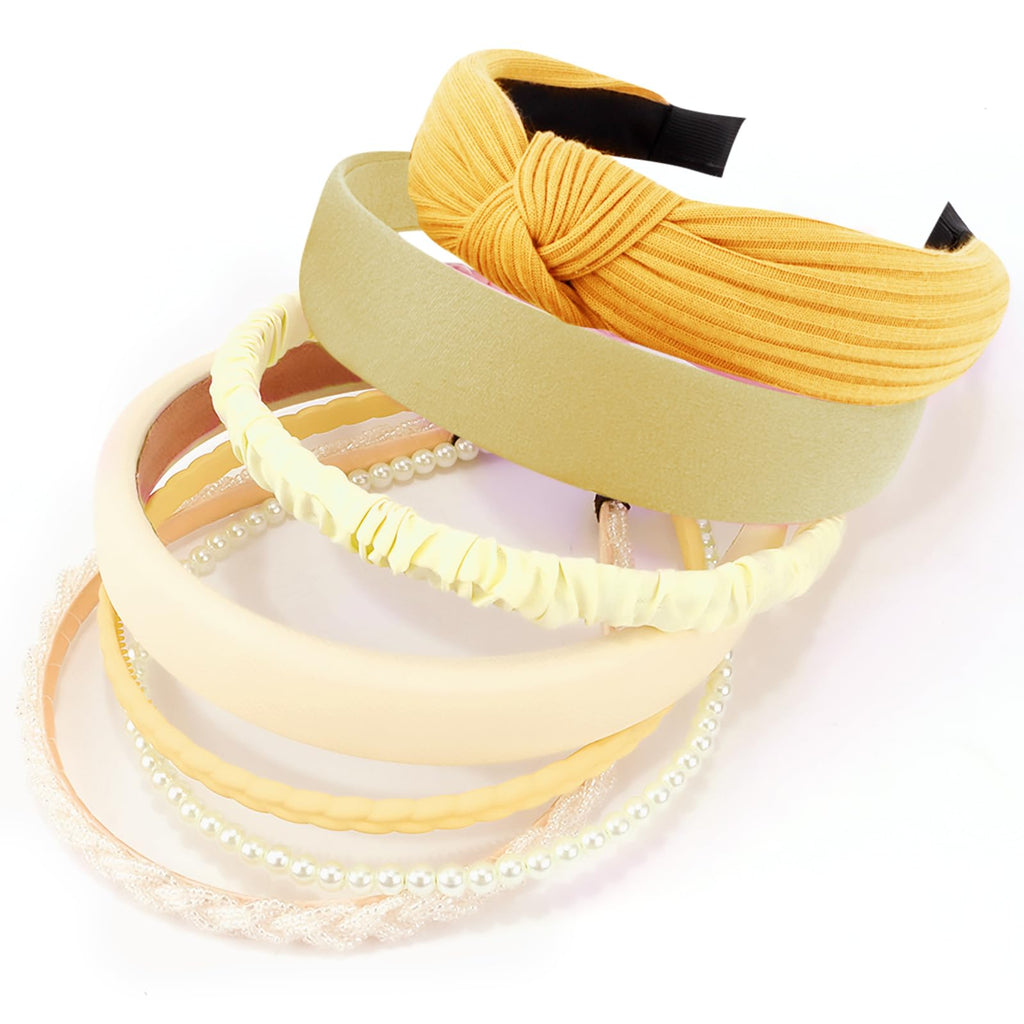 VELSCRUN Headbands for Women 7 Pcs Different Yellow Fashion Knotted Solid Head Bands Pearl Headband Non Slip Hair Band for Womens Gilrs Thin Thick Short Hair Face Wash Hair Accessories
