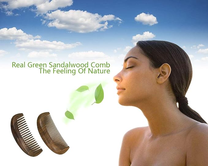 Real Natural Green Sandalwood Wooden Wide Tooth Comb for Curly Hair/Beard Pick Comb - NO SNAGS,NO STATIC,NO TANGLE (Wide tooth comb)