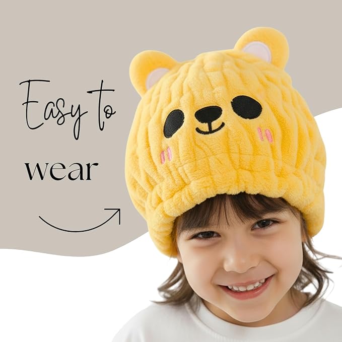 LCBD Microfiber Hair Towel Wrap for Kids, Yellow Bear Dry Hair Cap Suck Water, Absorbent Quick Girls Boys Hair Drying Towel, Lightweight Bouncy Hat Headscarf